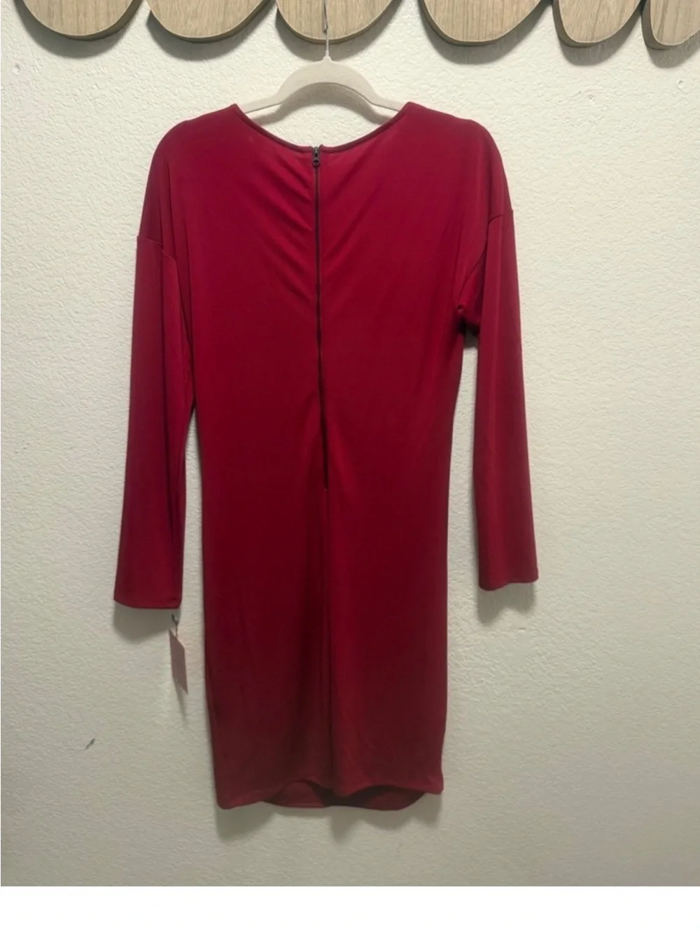 Narciso Rodriguez Ruched V-Neck Long Sleeve Red Sheath Dress